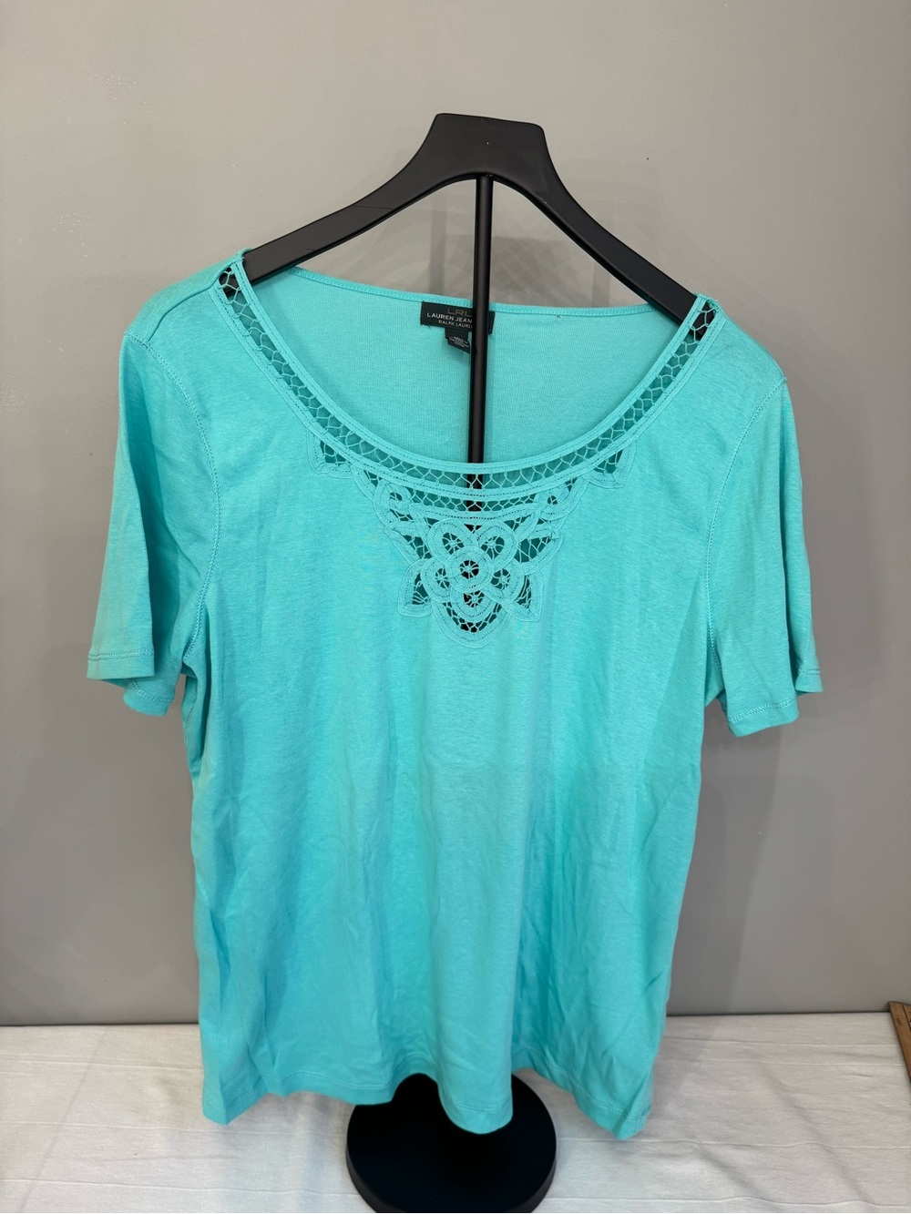 Lauren Jean Co. Ralph Lauren Aqua Scoop Neck Crochet Detail Top Sz 1X